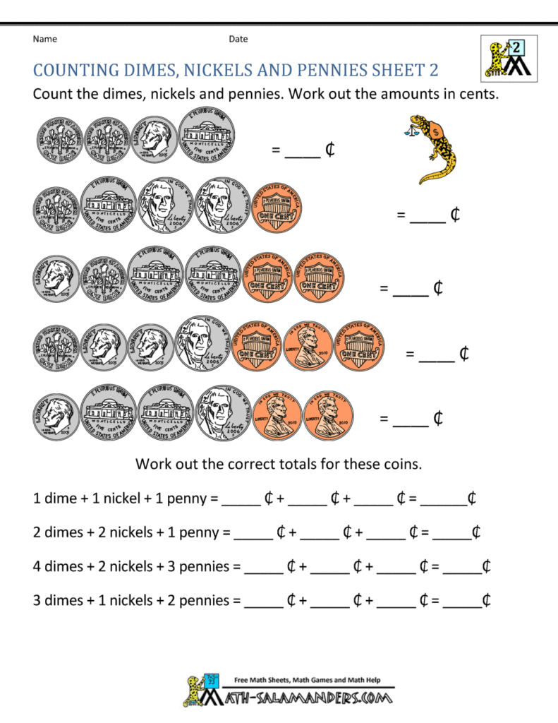 Worksheet for second graders to count dimes, nickels, and pennies with guided exercises