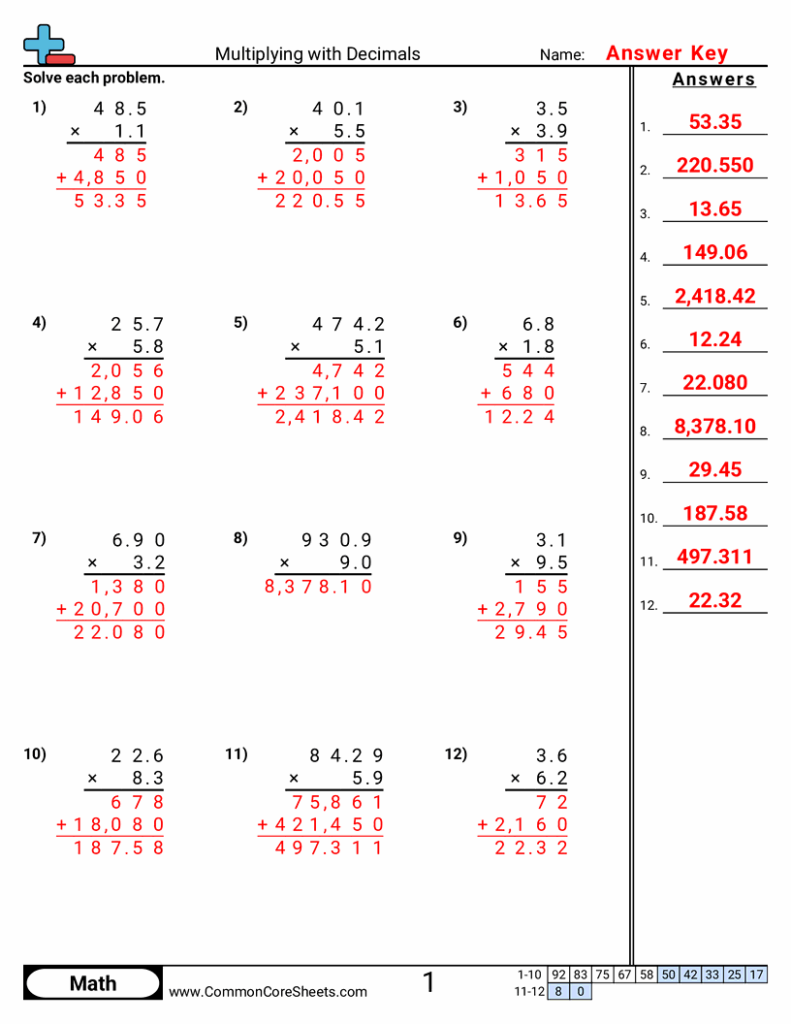 Multi Digit Decimal Multiplication Worksheets - Free multiplication Decimal Worksheets | Common Core Sheets