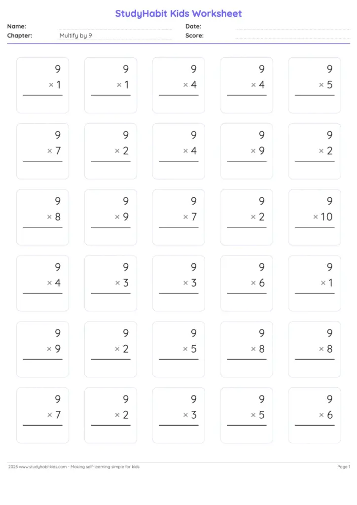 Free Printable Simple Math Worksheets for Multiplying by 9 Worksheet for multiplying by 9, designed for kids to practice multiplication