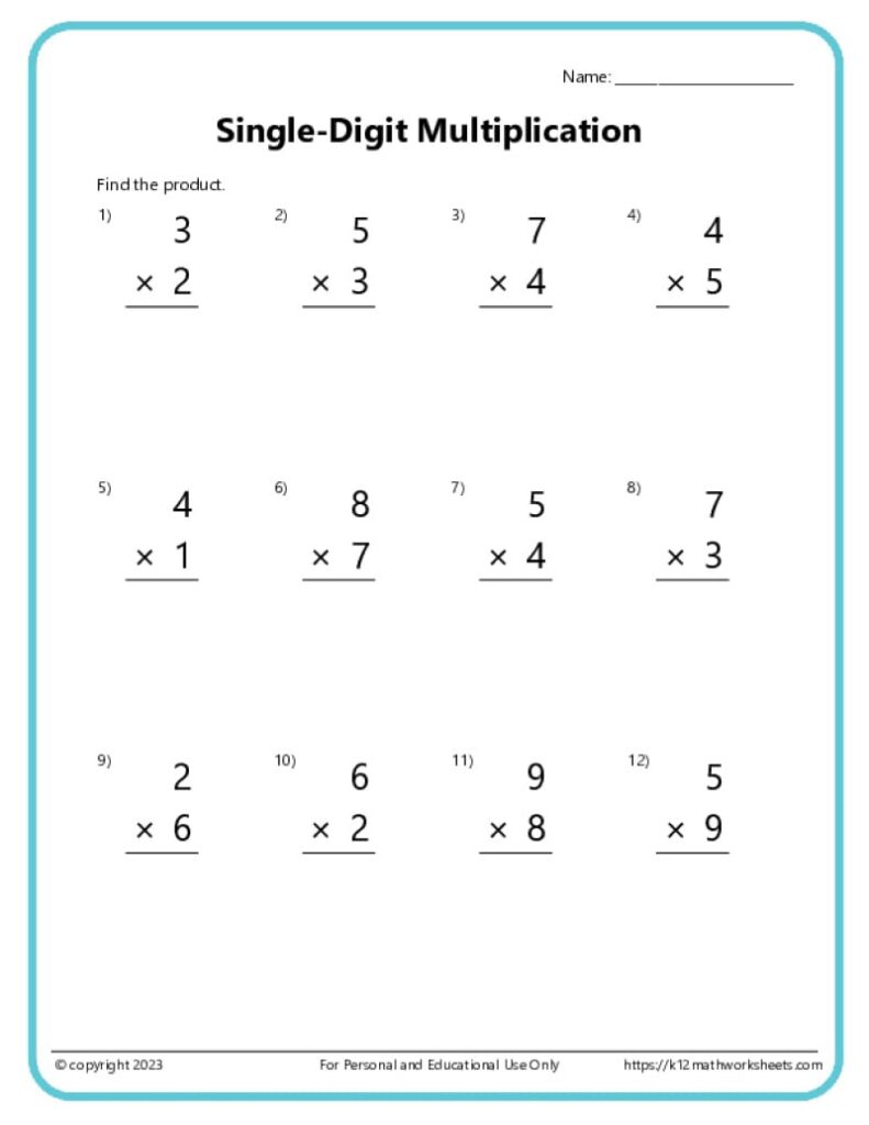 Multiplication 1 Digit By 1 Digit Worksheets - Single-Digit Multiplication Worksheets