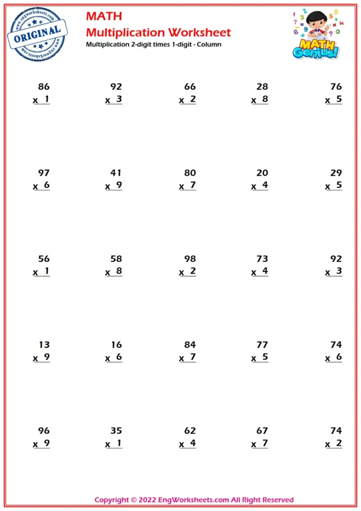 Multiplication 2-digit times 1-digit – Column – EngWorksheets – Images … Multiplication 2-digit times 1-digit - Column – EngWorksheets - Images ...