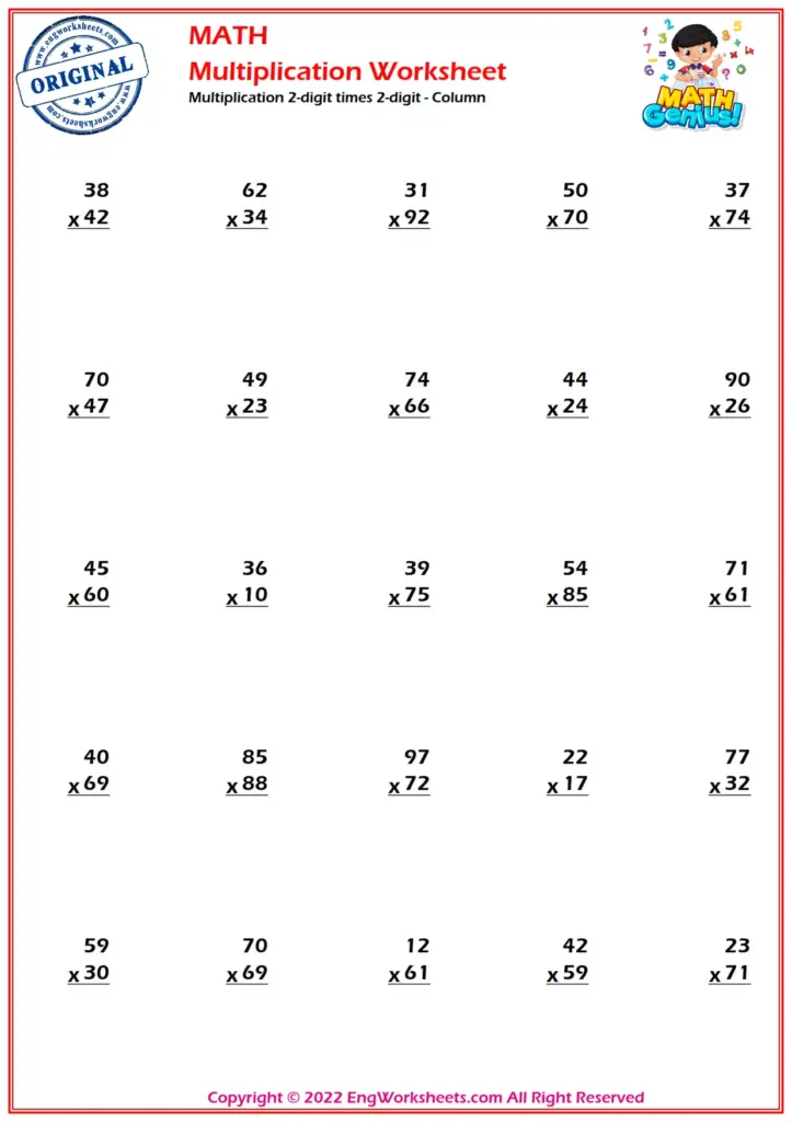 Multiplication 2-digit times 2-digit - Column – EngWorksheets - Images ...