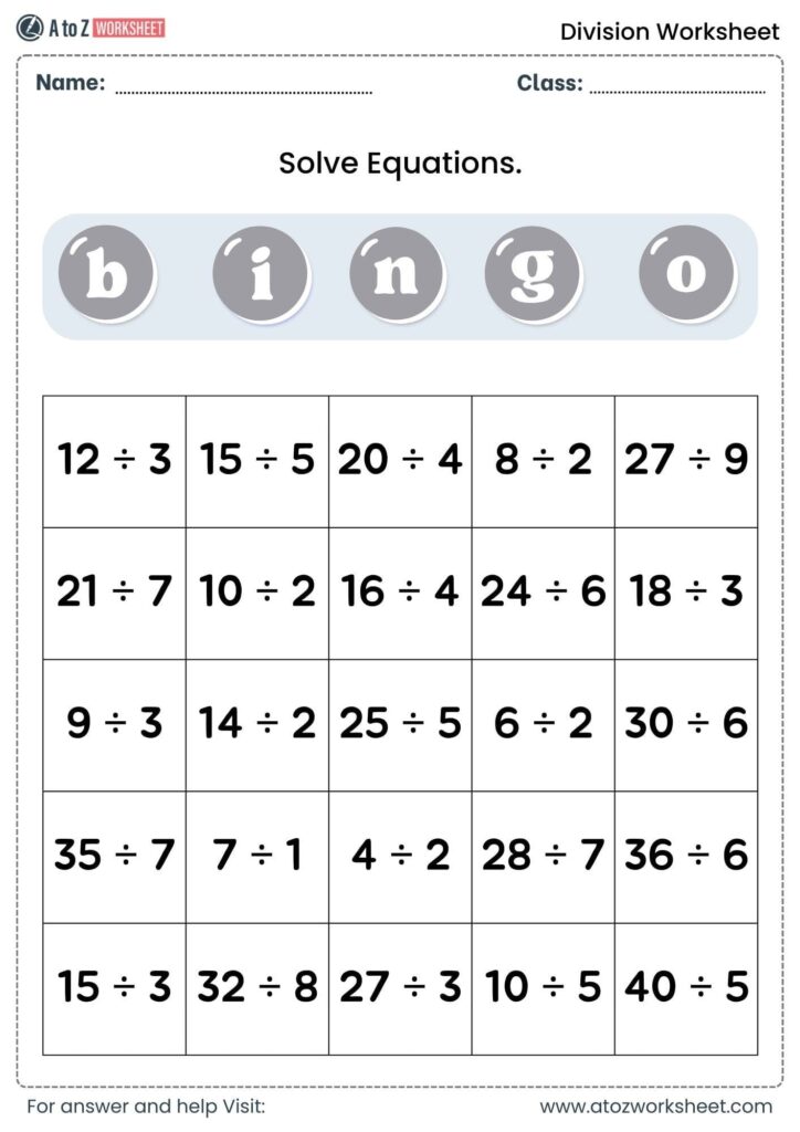 Printable multiplication and division worksheets with bingo format for children