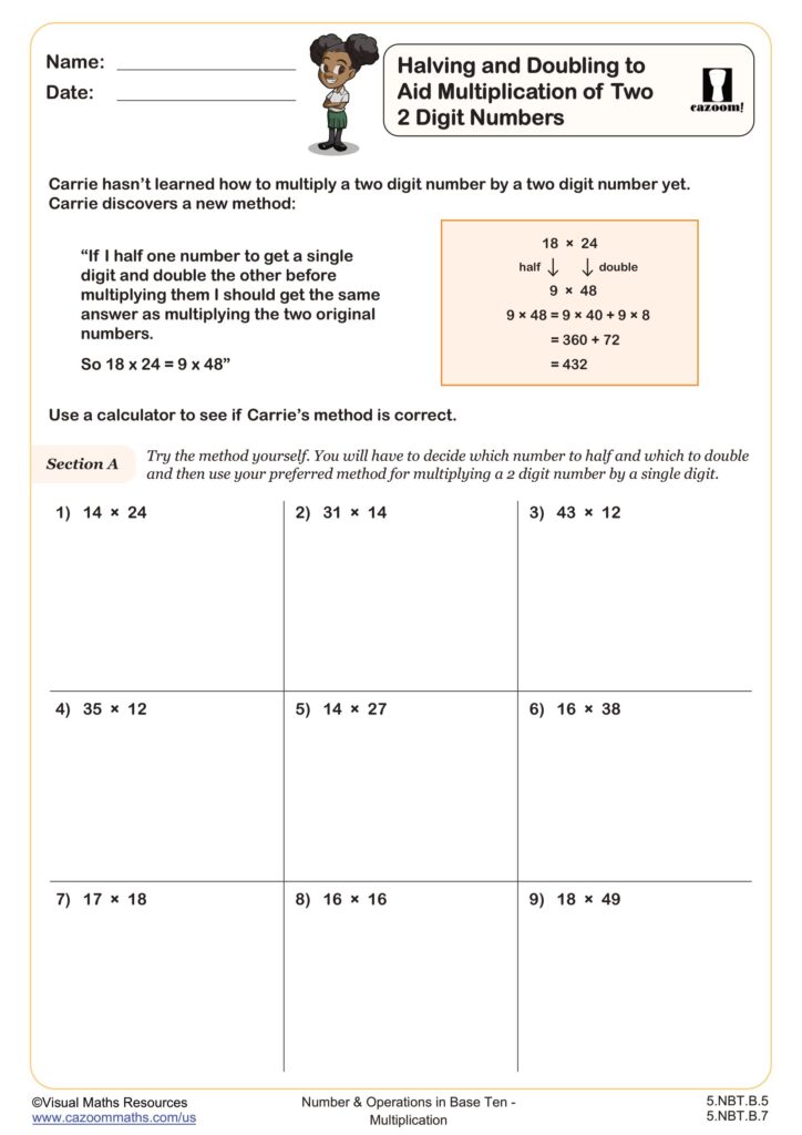 Multiplication By Two Digit Numbers Worksheet - halving and doubling to aid multiplication of two 2 digit numbers worksheet