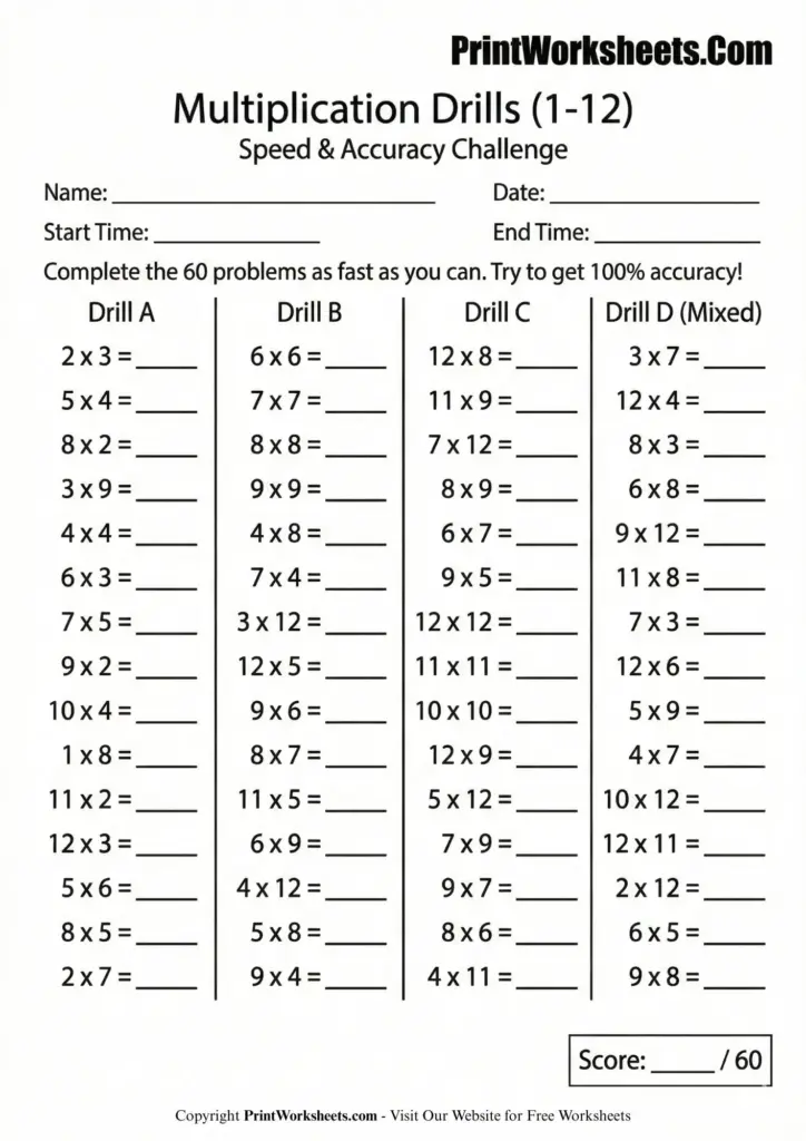 Multiplication Drills 1-12 Free Timed Speed Test Printables