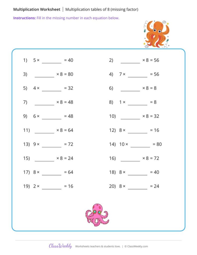 Multiplication tables of 8 (missing factor) - Octopus