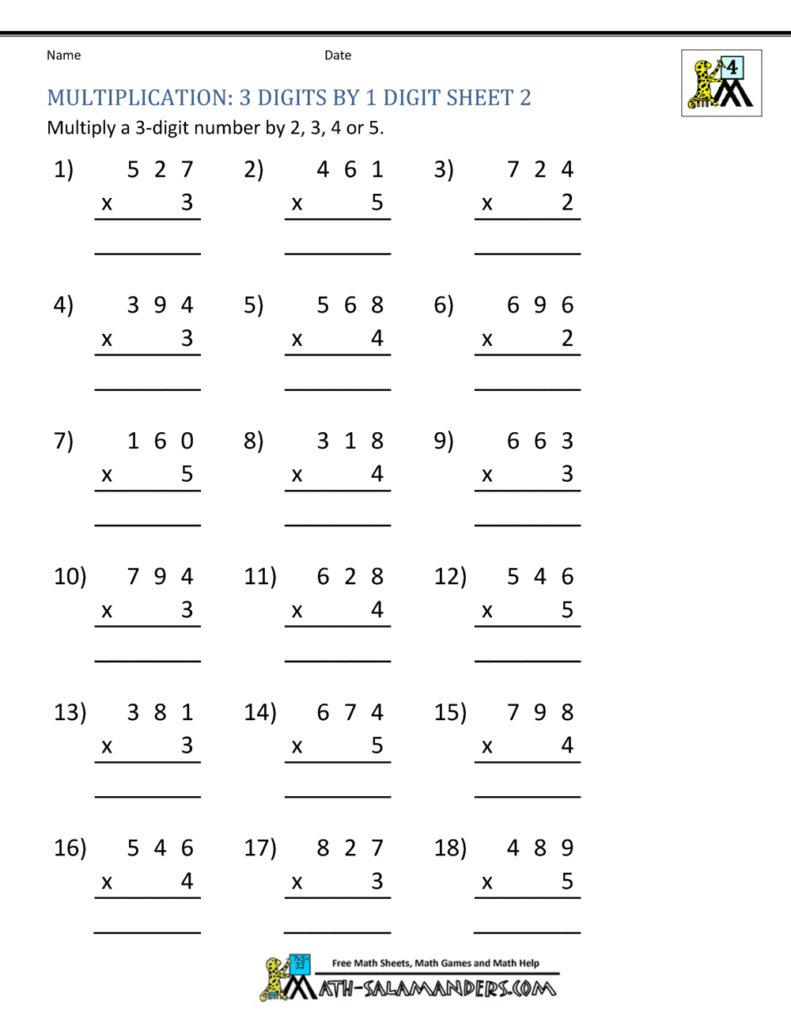 Multiplication Worksheet For 4th Standard - free 4th grade math worksheets multiplication 3 digits by 1 digit 2 ...