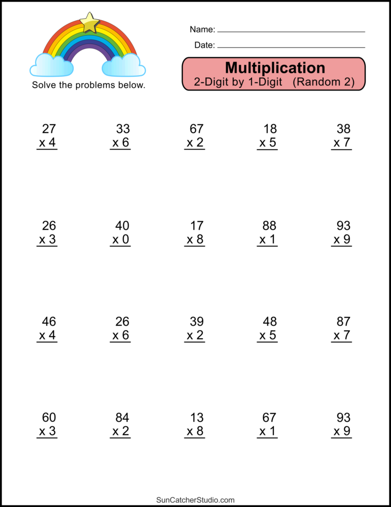 Printable multiplication worksheet for grade 2 with 2-digit by 1-digit problems
