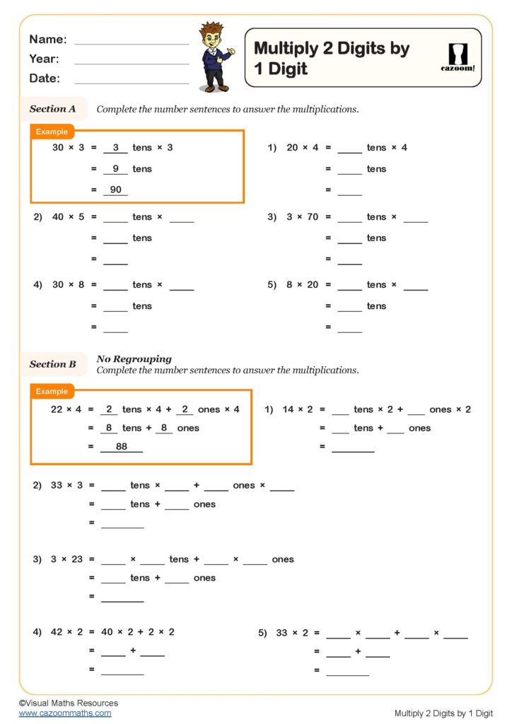 Multiply 2 By 1 Digit Worksheets - Multiply 2 Digits by 1 Digit Worksheet | PDF printable Number Worksheets