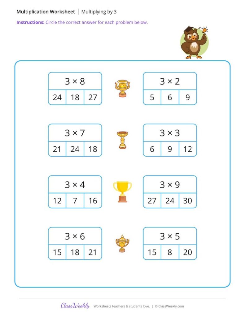 Multiply by 3 - Three Owls - Free 2nd Grade Math Worksheet