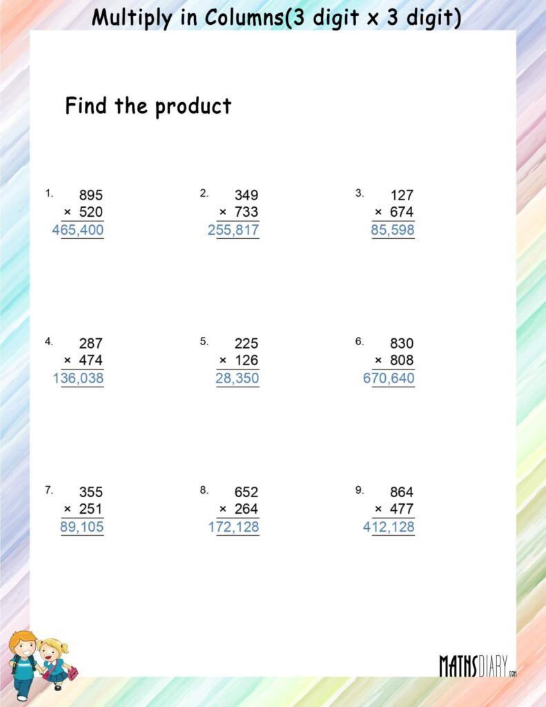 Multiply in Columns 3-digit number worksheets - Math Worksheets ...