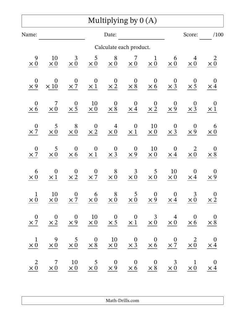 Multiplying (1 to 10) by 0 (A)