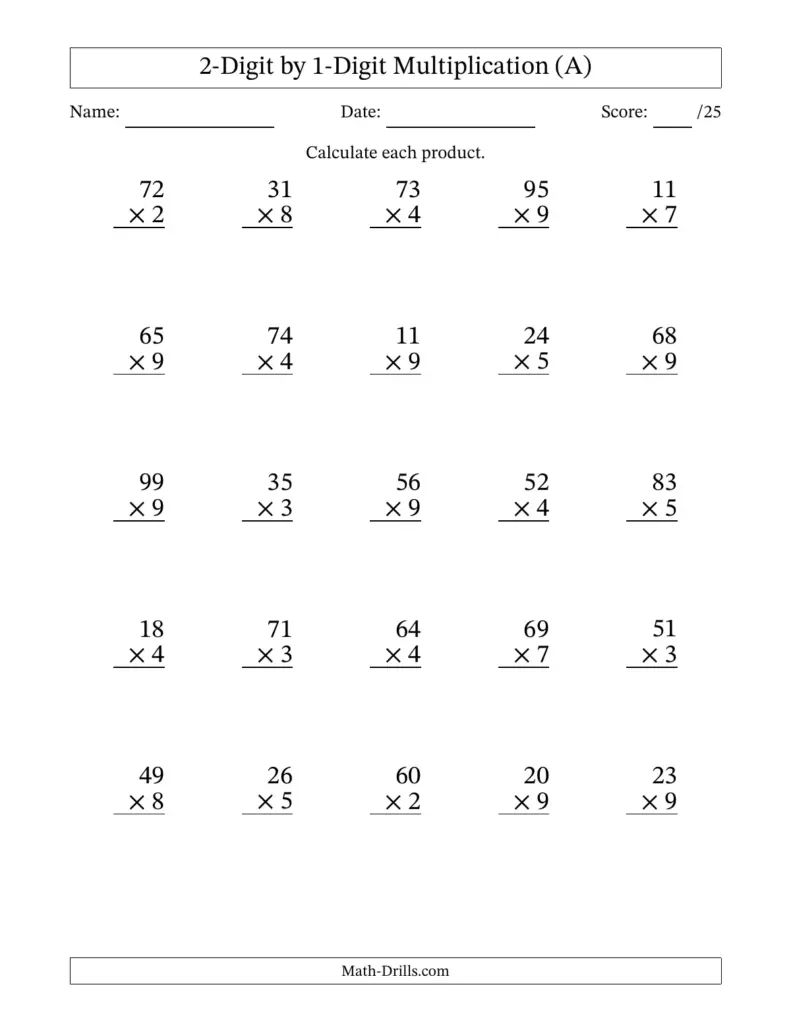 Multiplying 2-Digit by 1-Digit Numbers (A) Multiplying 2-Digit by 1-Digit Numbers (A)