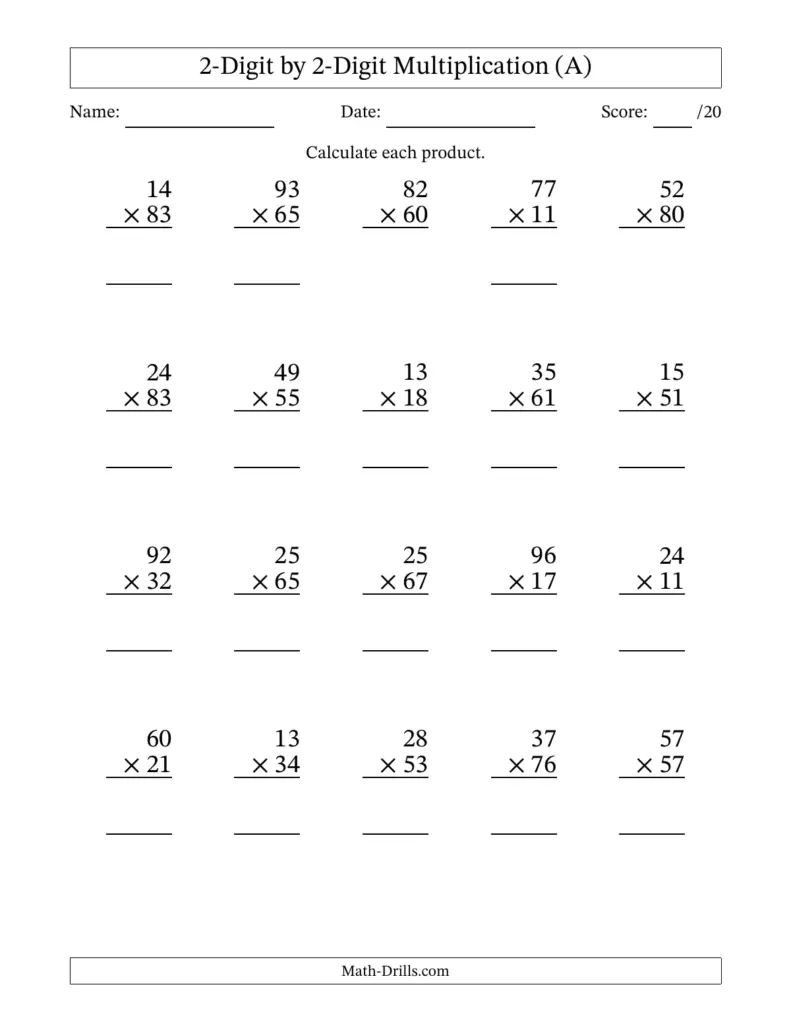 Multiplying 2-Digit by 2-Digit Numbers (A)