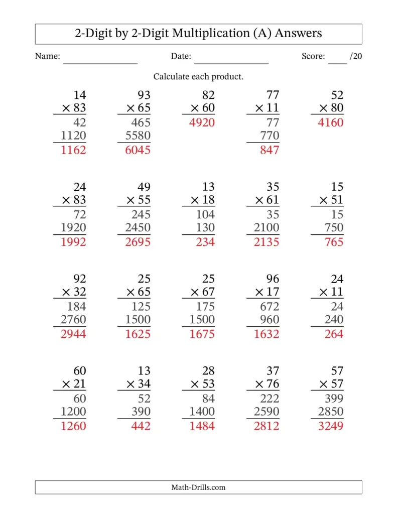 Multiplying 2-Digit by 2-Digit Numbers (A)