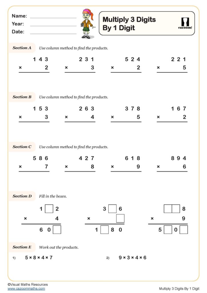 Multiplying 3 By 1 Digit Numbers Worksheet - Multiplying 3 digits by 1 digit Worksheet | Key Stage 2 PDF Number ...