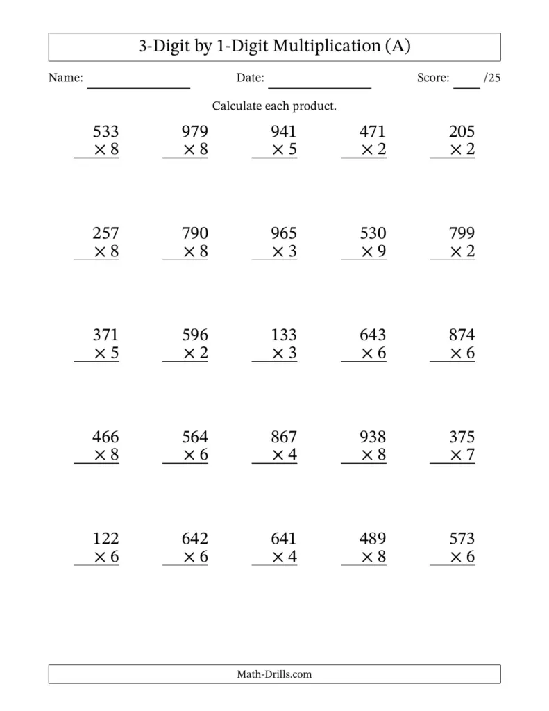 Multiplying 3-Digit by 1-Digit Numbers (A)