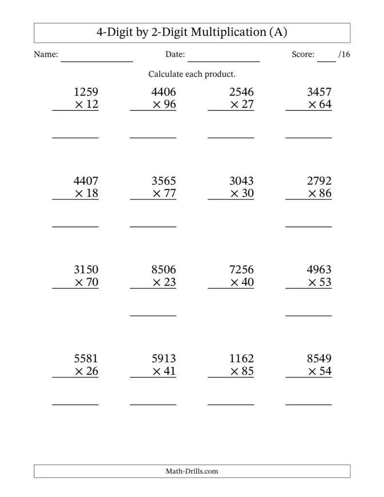 Multiplying 4-Digit by 2-Digit Numbers (A) Multiplying 4-Digit by 2-Digit Numbers (A)