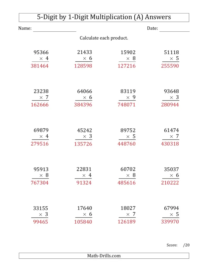 Multiplying 5-Digit by 1-Digit Numbers (A)