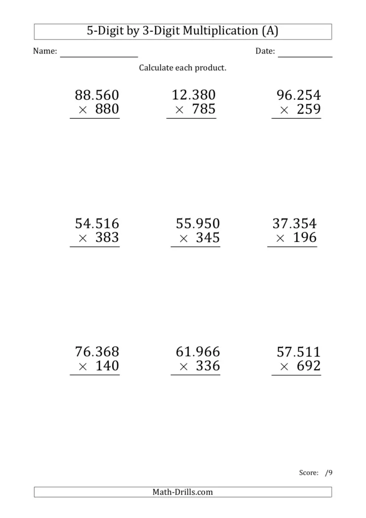 Multiplying 5-Digit by 3-Digit Numbers (Large Print) with Period ...