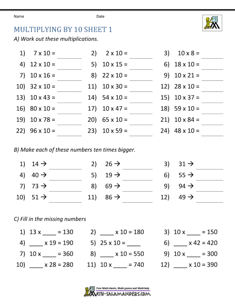 Multiplying by 10 and 100 Worksheets for 10 Year Olds Worksheet for practicing multiplication by 10 and 100 with various exercises