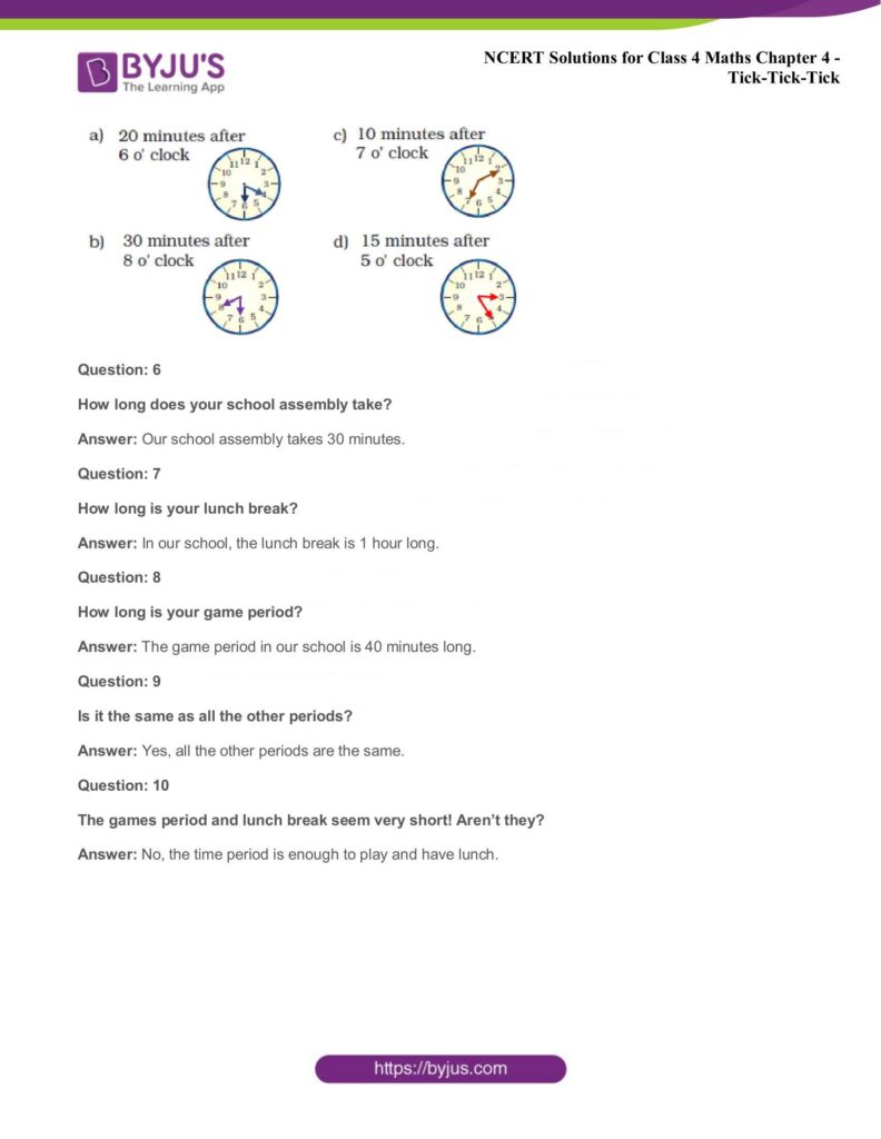 Printable worksheet with questions on time management for Class 4 students
