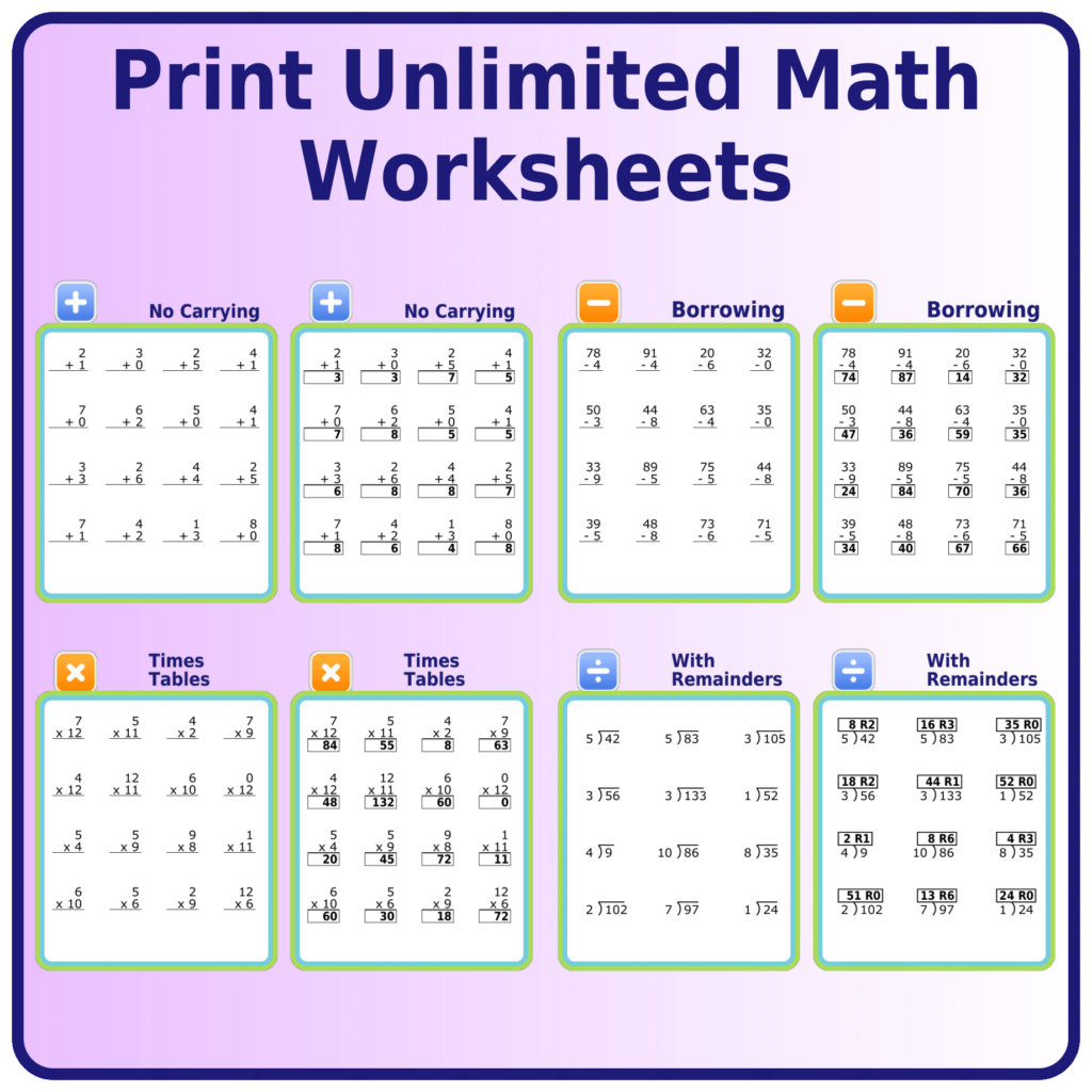 Printable math worksheets featuring various problems with answers for easy learning