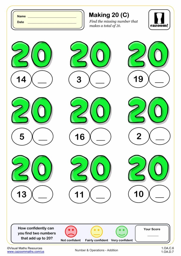Printable number bonds to 20 drills worksheet with 50 questions for math practice