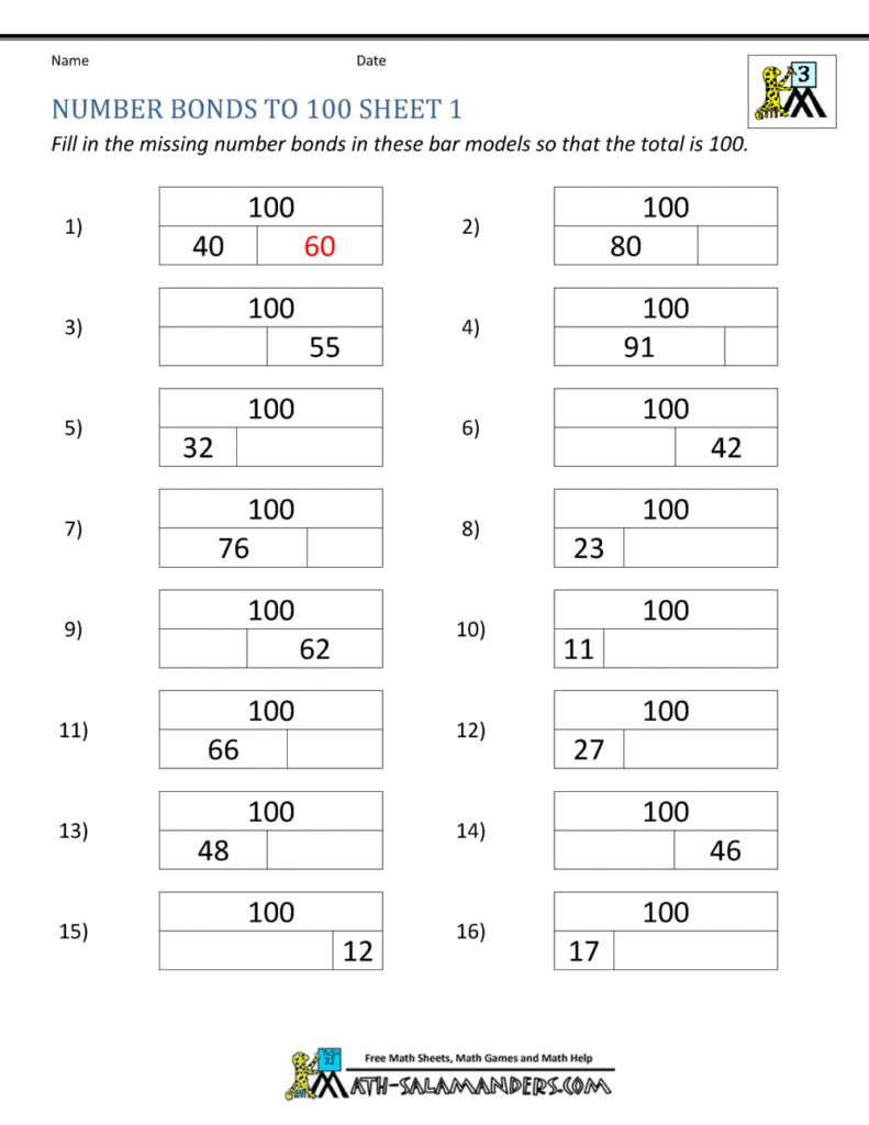 Printable number bonds worksheet to practice addition and subtraction