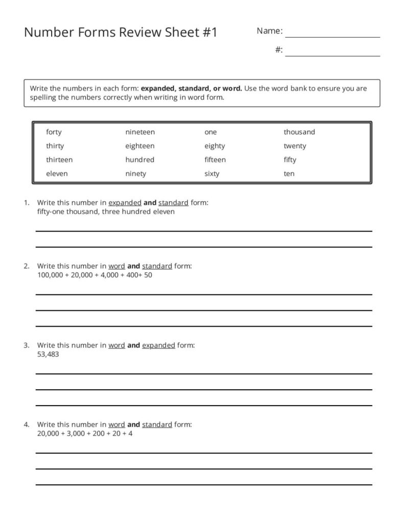 Worksheet showing number forms in expanded, standard, and word form for practice