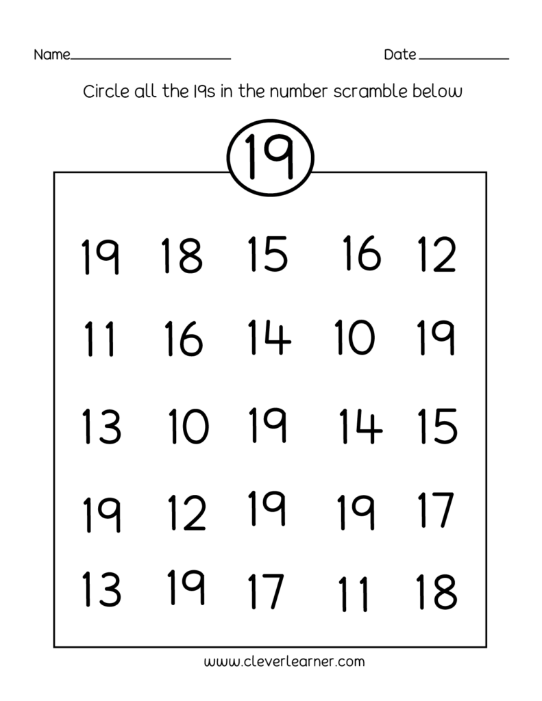 Worksheet for circling the number nineteen in a number scramble activity