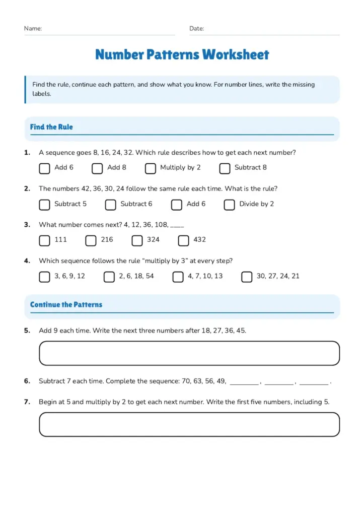 Printable number patterns worksheet with exercises to find and continue patterns