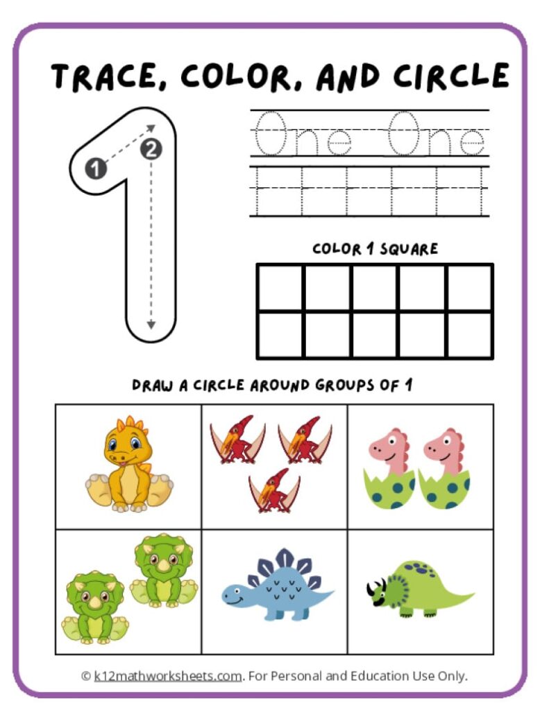 Colorful number tracing worksheet with fun illustrations for young learners