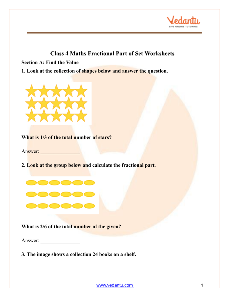 Online Maths Worksheet For Class 4 featuring questions on fractional parts of a set