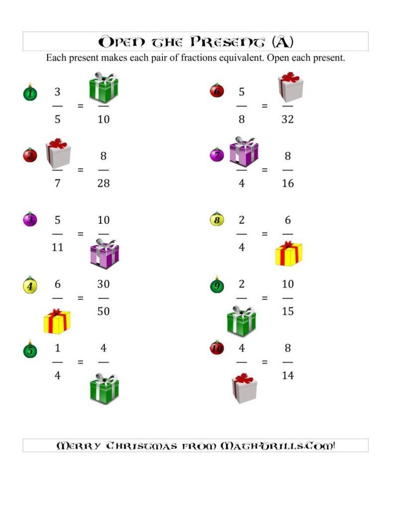 Open The Present A Math Drills Answers - The Open the Present Equivalent Fractions (A) Math Worksheet ...