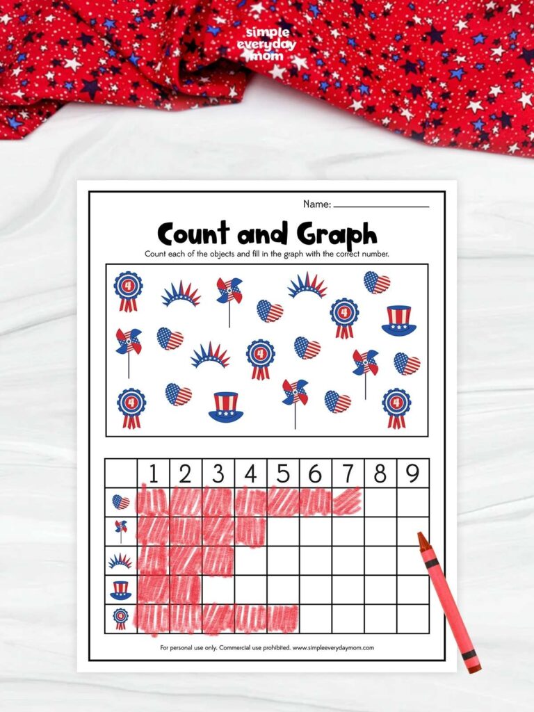 Colorful patriotic math worksheets for kindergarten counting and graphing activities
