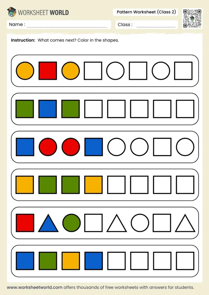 Printable pattern worksheet for grade 2 with color and shape patterns