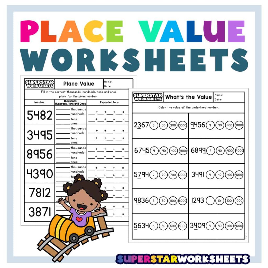 Colorful place value worksheets for students to learn about number values