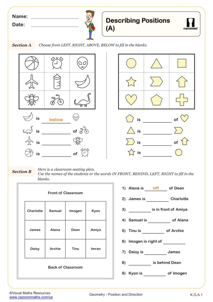 Position and Direction Worksheets with Answers Worksheets focusing on position and direction concepts with answers for students