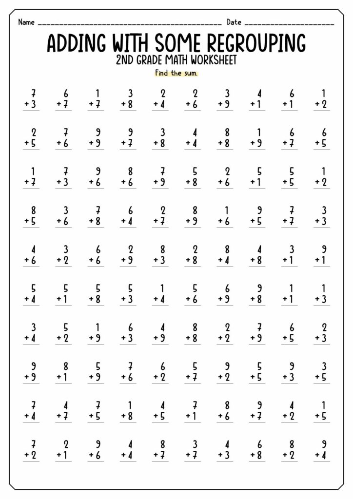 Worksheet for 2nd graders focusing on addition with regrouping exercises