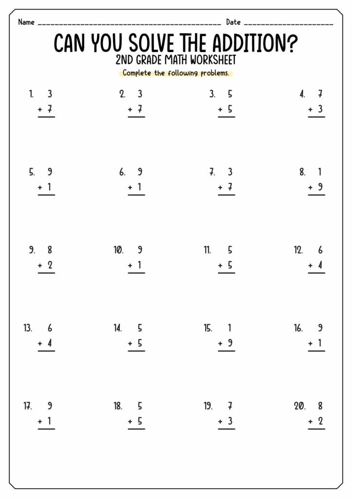 2nd Grade Addition Problems Worksheet Printable worksheet for 2nd graders with addition problems to solve