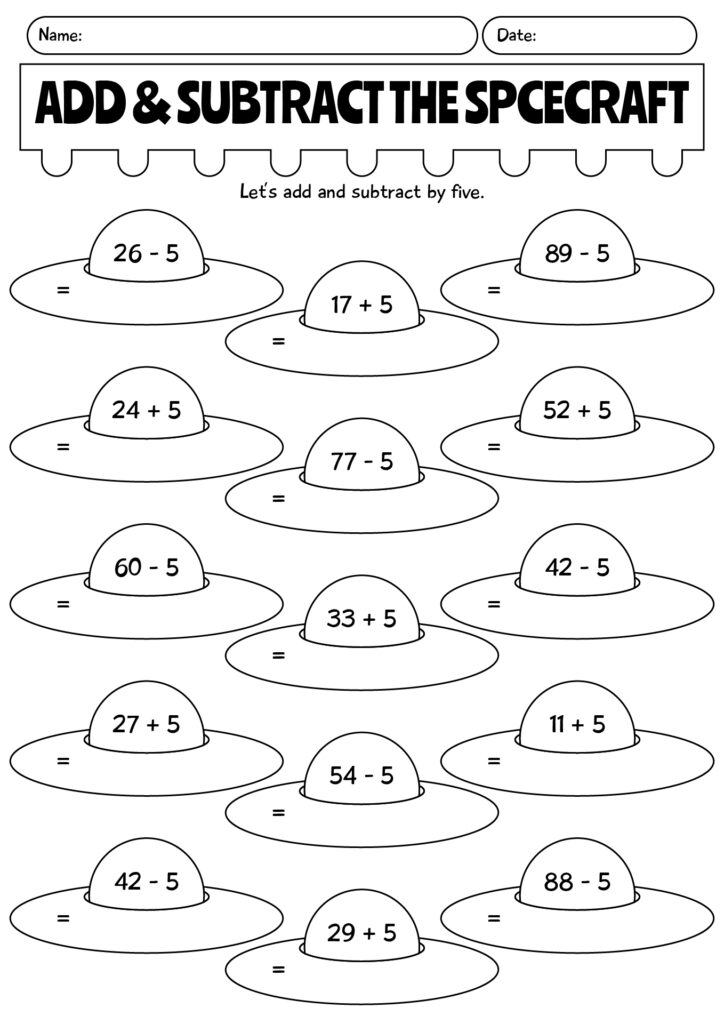 Printable worksheet for adding and subtracting spacecraft-themed math problems