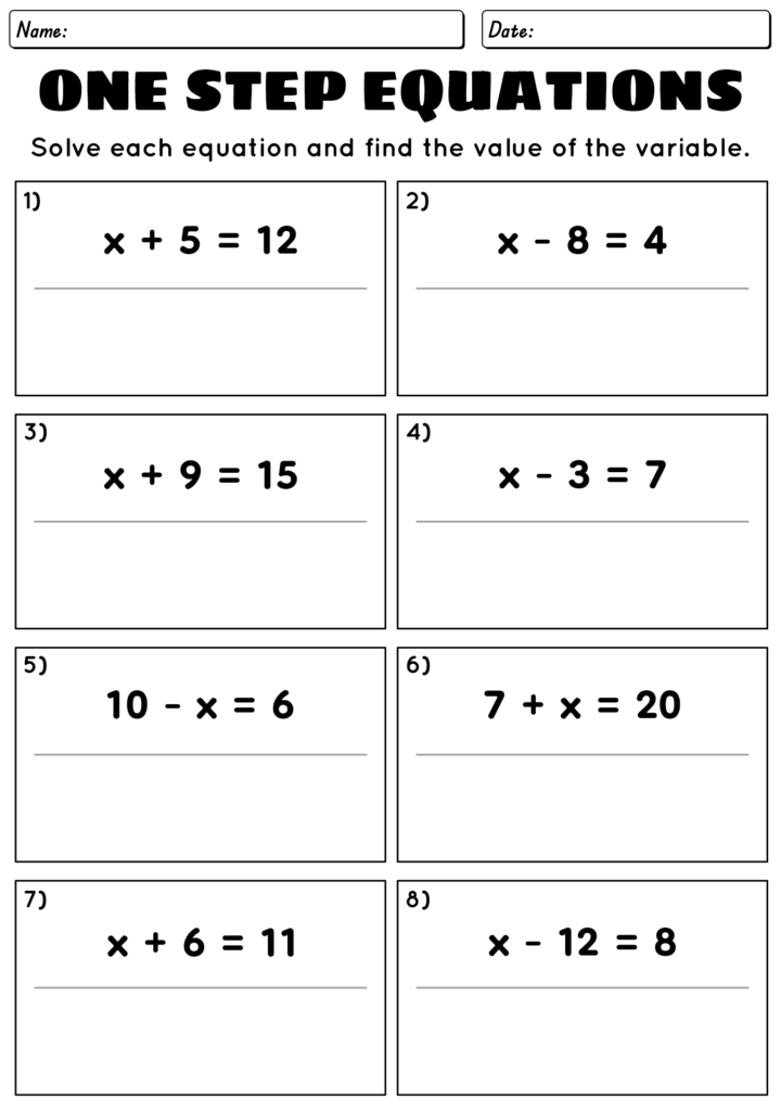 One Step Equations Worksheet for Algebra Practice Printable one step equations worksheet for solving basic algebra problems