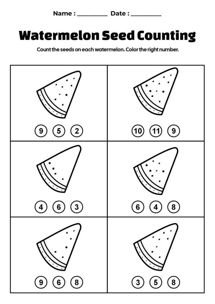 Colorful watermelon seed counting worksheet for kids to practice counting skills