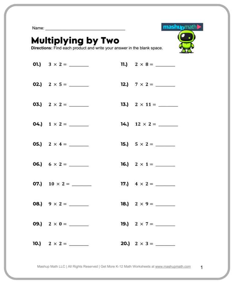 Free Printable Math Sheets For 2nd Gr featuring a multiplying by two worksheet with blank spaces