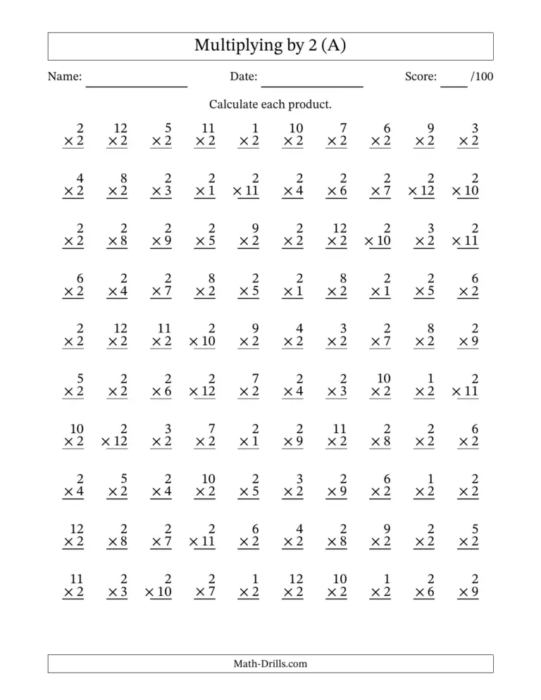 Printable Math Speed Drills For 2nd Grade featuring a worksheet for multiplying by 2