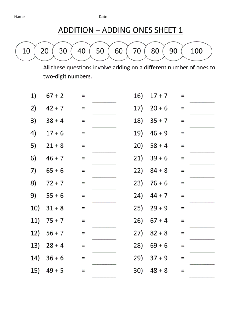 Printable Math Worksheets for Addition Practice Printable math worksheet featuring addition problems for elementary students