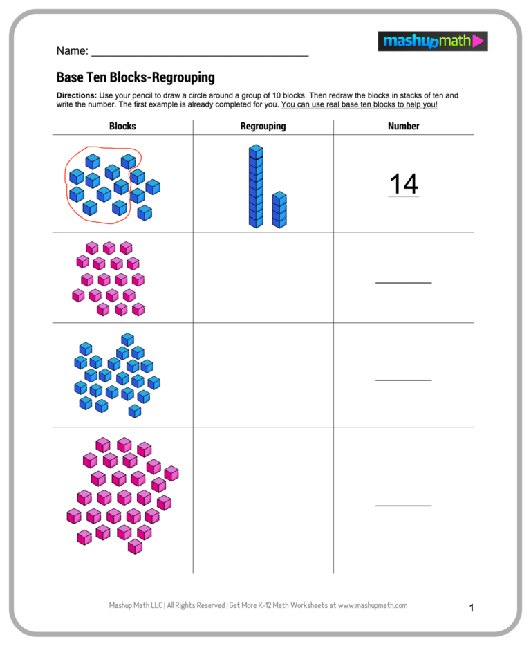 Engaging printable math worksheets for 2nt1 grade featuring base ten blocks regrouping exercises