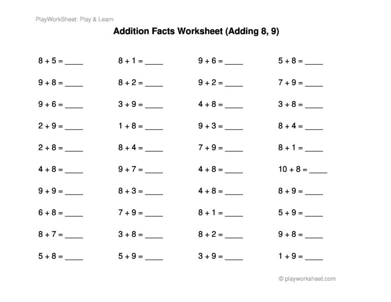 Printable Math Worksheets For 8-10 Year Olds - Engaging addition facts worksheet for kids focusing on adding 8 and 9, perfect