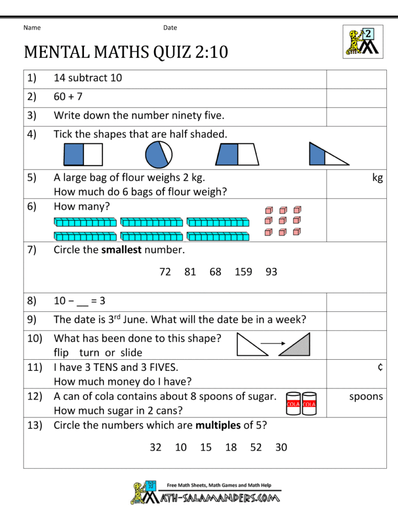 Printable Mental Maths Quiz for Year 2 Challenging printable mental maths quiz designed for Year 2 students